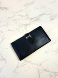 HERMES Bearn Black Silver Buckle Lambskin Leather Long Wallet/Wallet