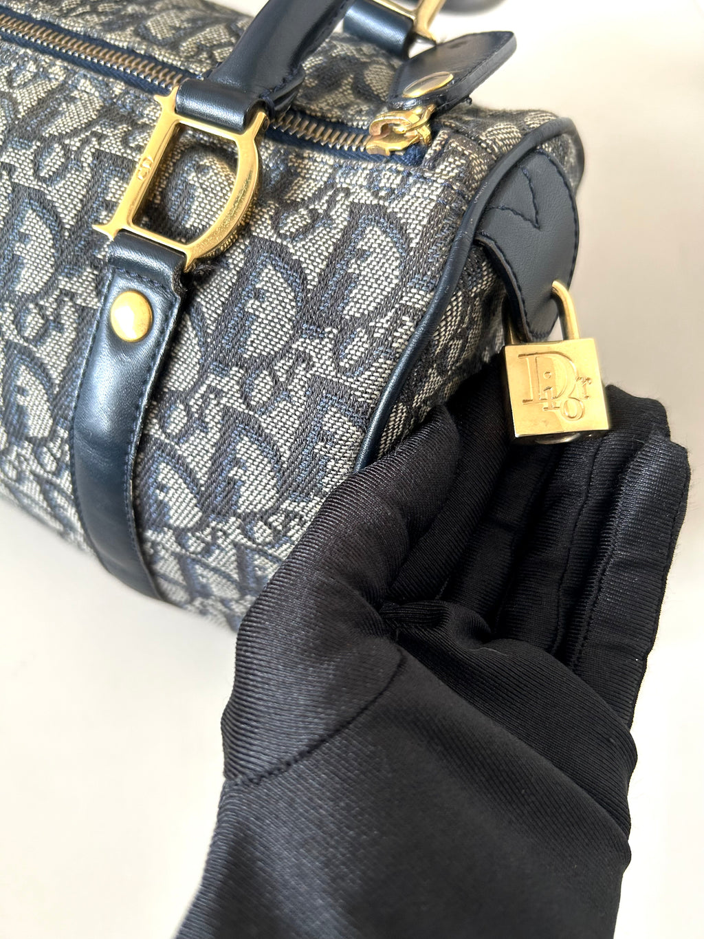 CHRISTIAN DIOR 稀有深藍色老花皮革小波士頓圓桶包/手提包