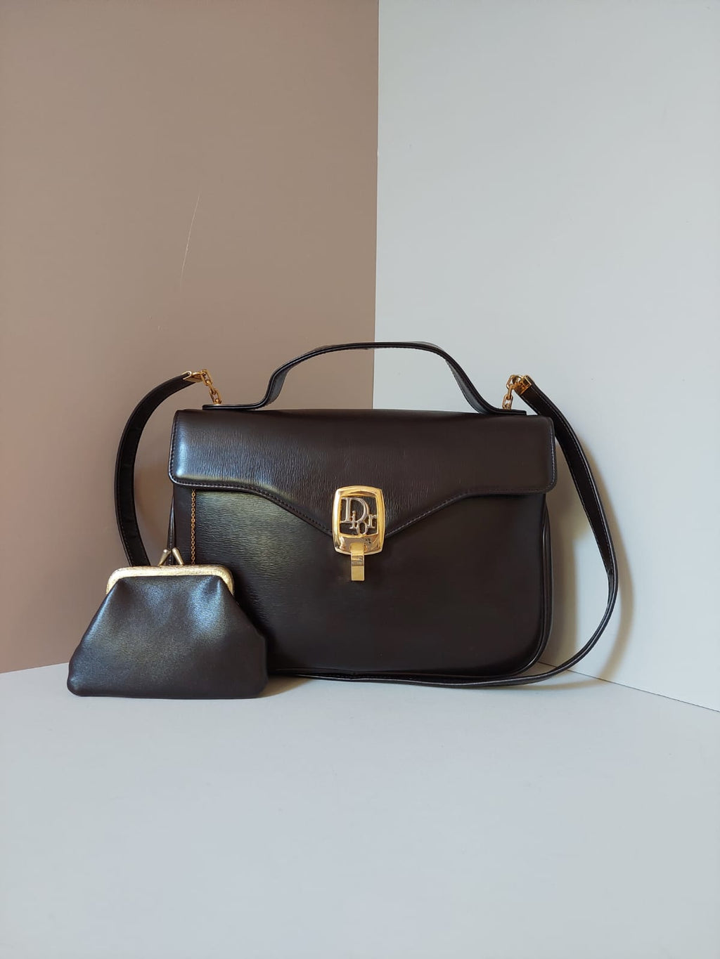CHRISTIAN DIOR rare brown leather parent-child shoulder bag/side backpack/handbag