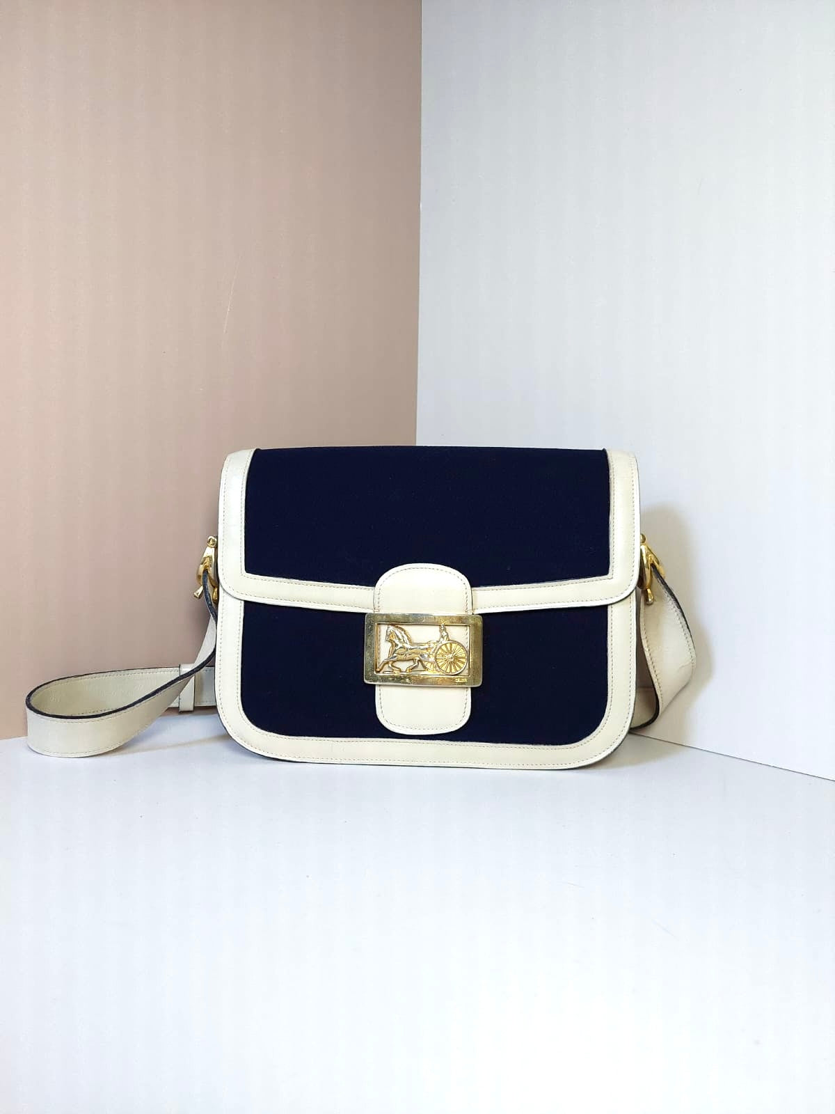 CELINE rare navy blue and white carriage gold buckle side bag