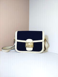 CELINE Rare Navy Blue Canvas and Leather C-Macadam Gold Buckle Shoulder Bag