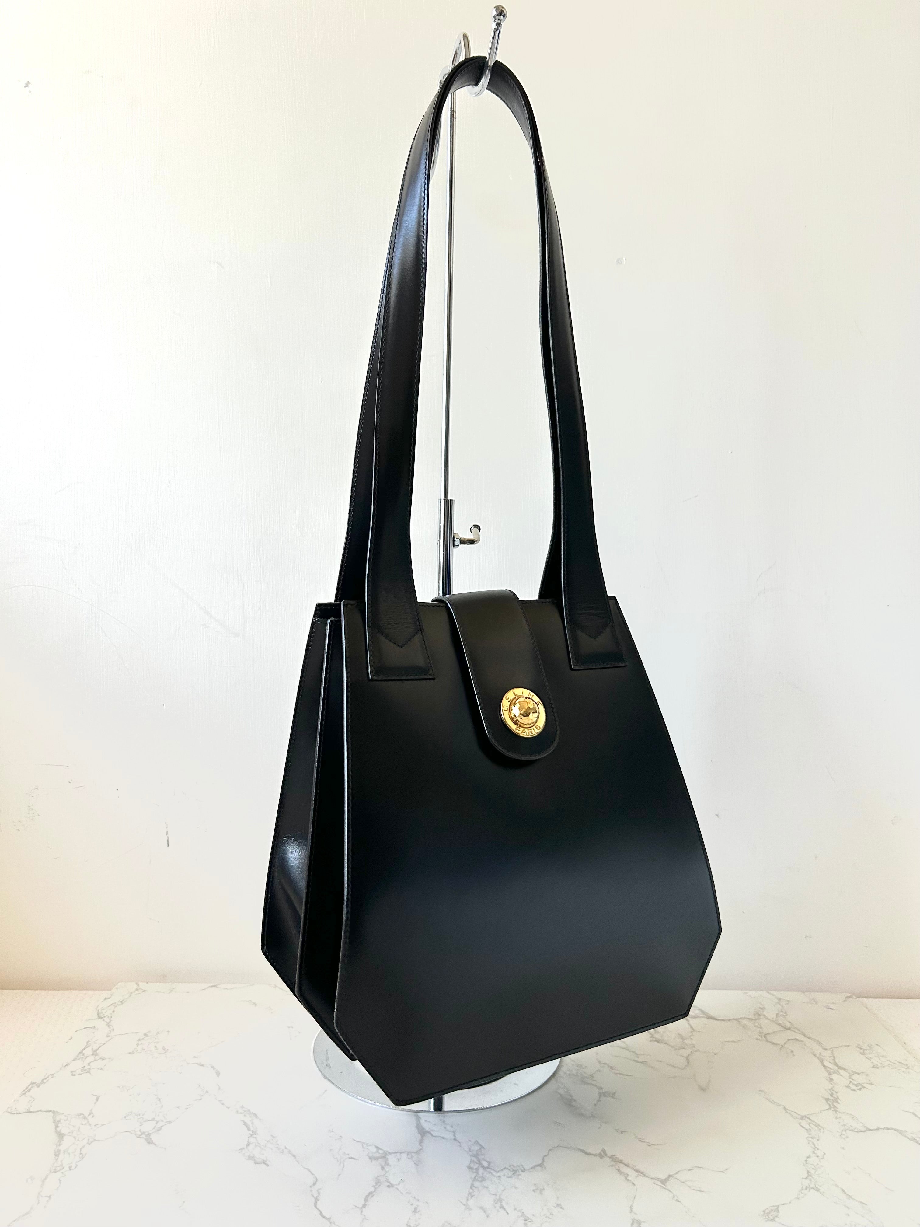 CELINE rare black and gold planet tote accordion bag / side backpack