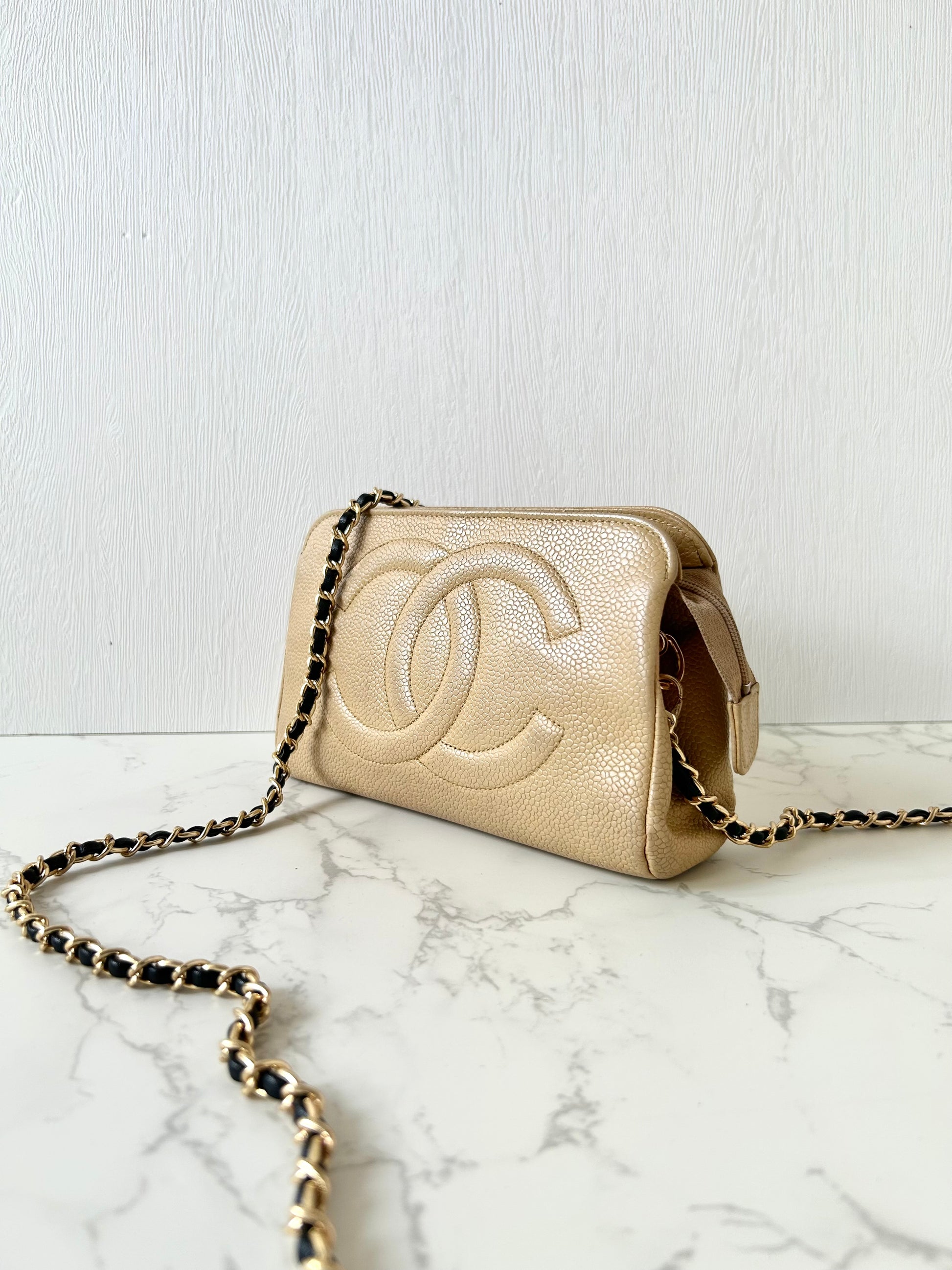 CHANEL Rare Beige Apricot Caviar Leather Chain Small Bag/Side Bag/Messenger Bag/Clutch Bag