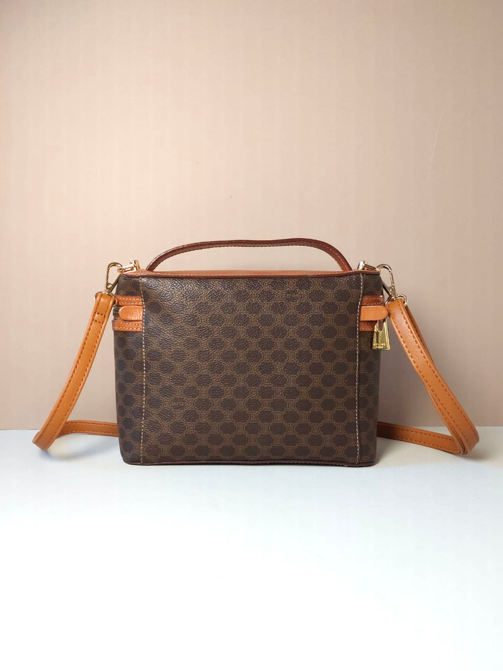 CELINE Brown Old Flower Leather Vanity Box Bag/Side Bag/Messenger Bag/Clutch Bag