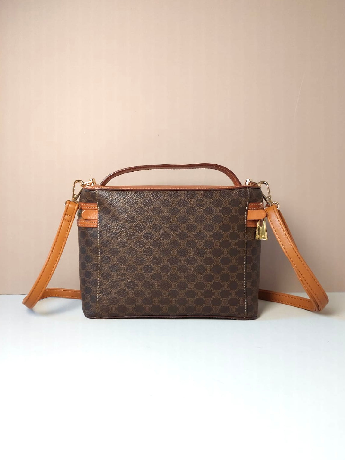 CELINE Brown Old Flower Leather Vanity Box Bag/Side Bag/Messenger Bag/Clutch Bag