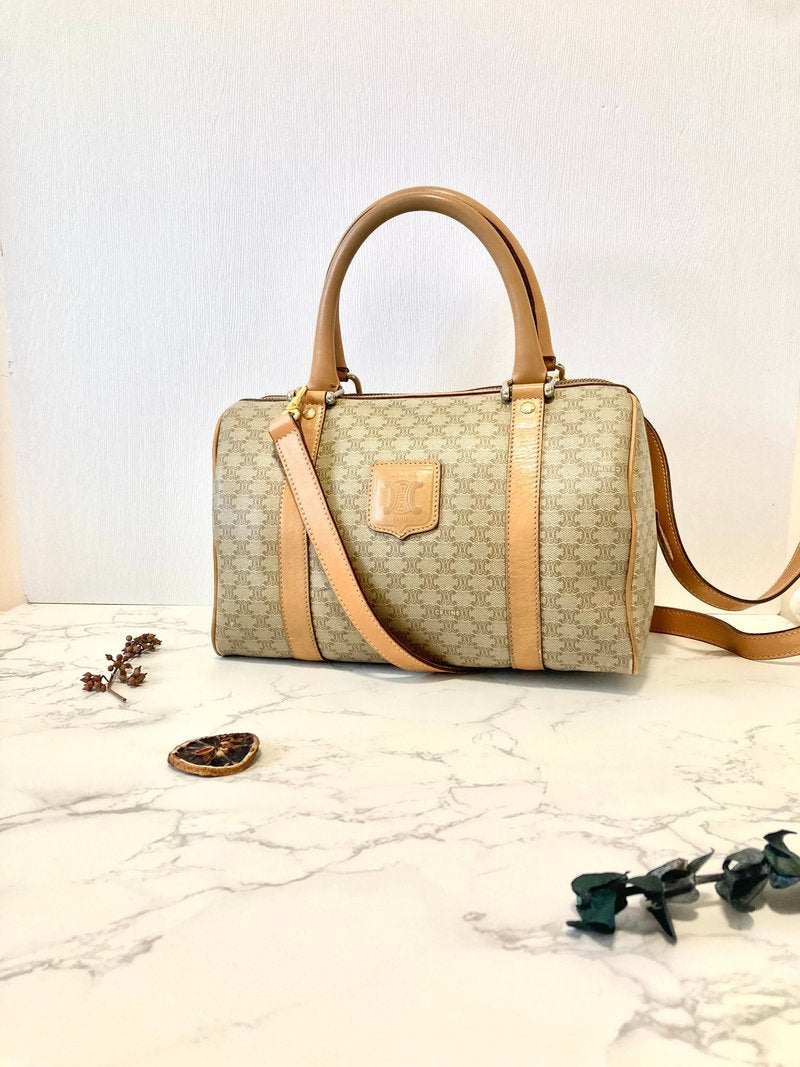 CELINE Beige Brown Old Flower Leather Boston Handbag/Side Bag/Messenger Bag