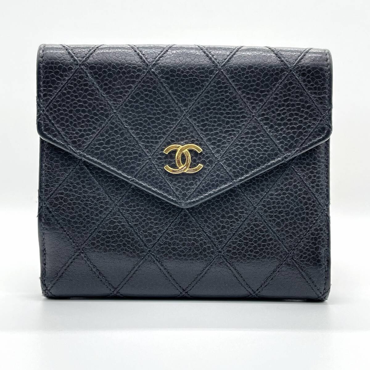 CHANEL 稀有雙面金扣黑色魚子醬牛皮皮革短夾/小錢包/銀包