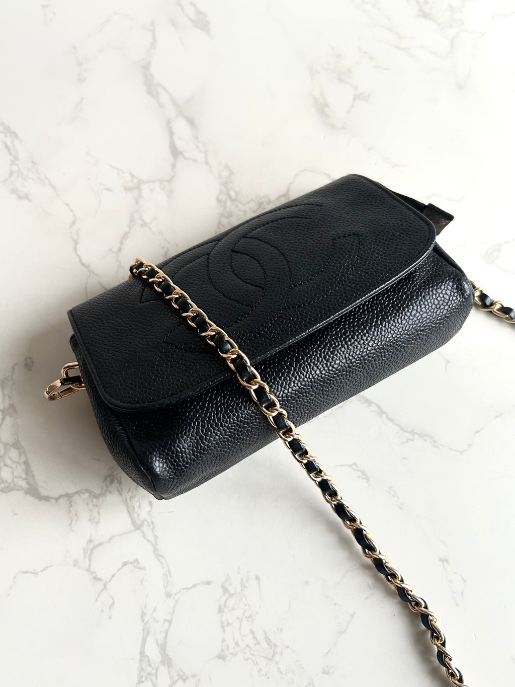 Chanel連鏡子黑金魚子醬皮革包 側背包 斜背包 中古包