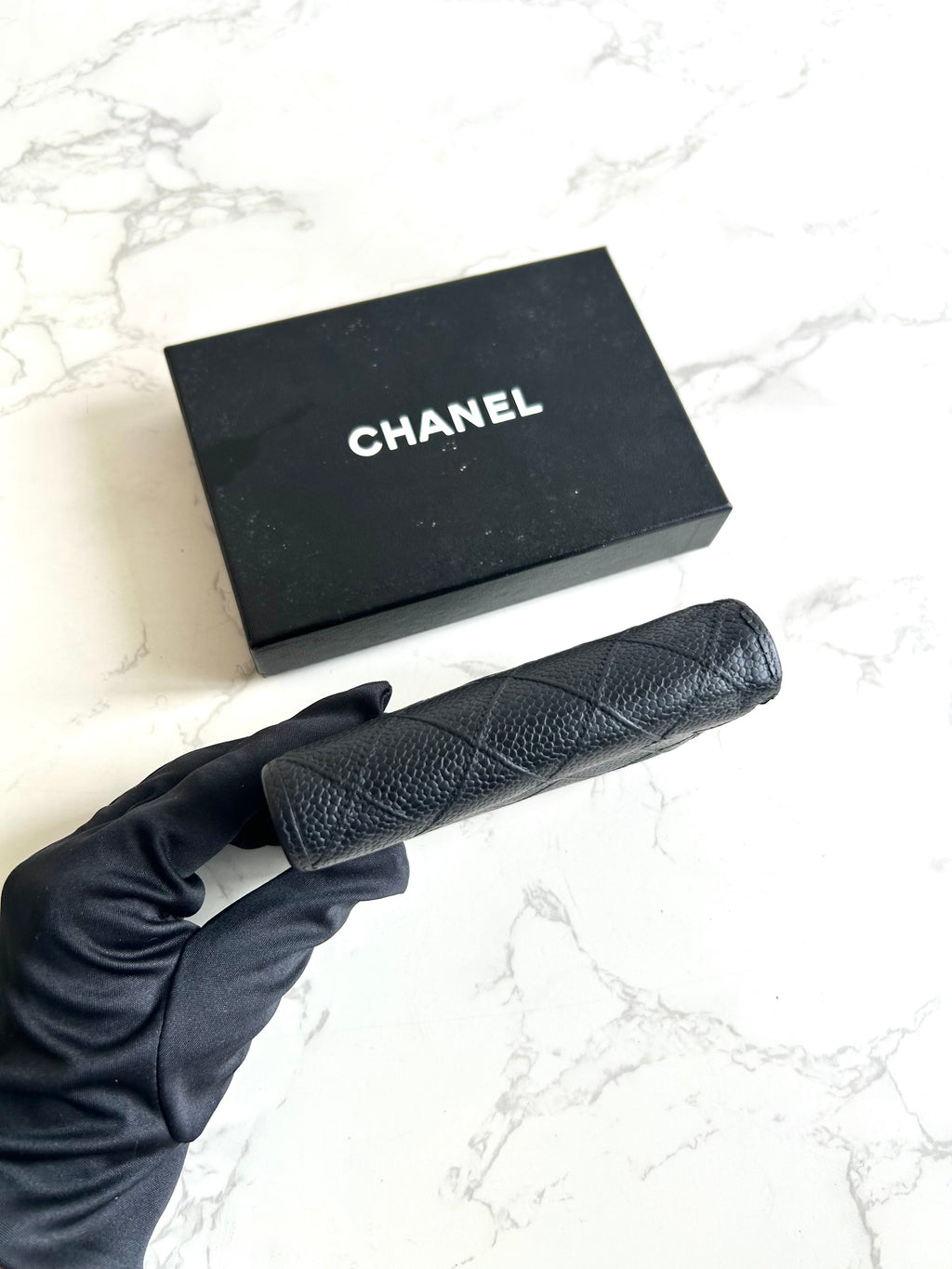 Chanel黑色魚子醬皮革中夾 皮夾 錢包 短夾 中古包