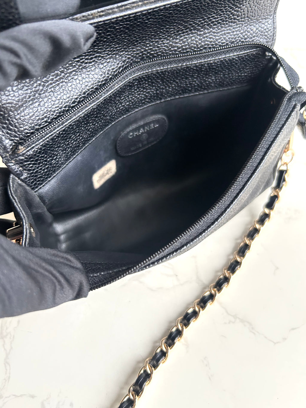 Chanel連鏡子黑金魚子醬皮革包 側背包 斜背包 中古包