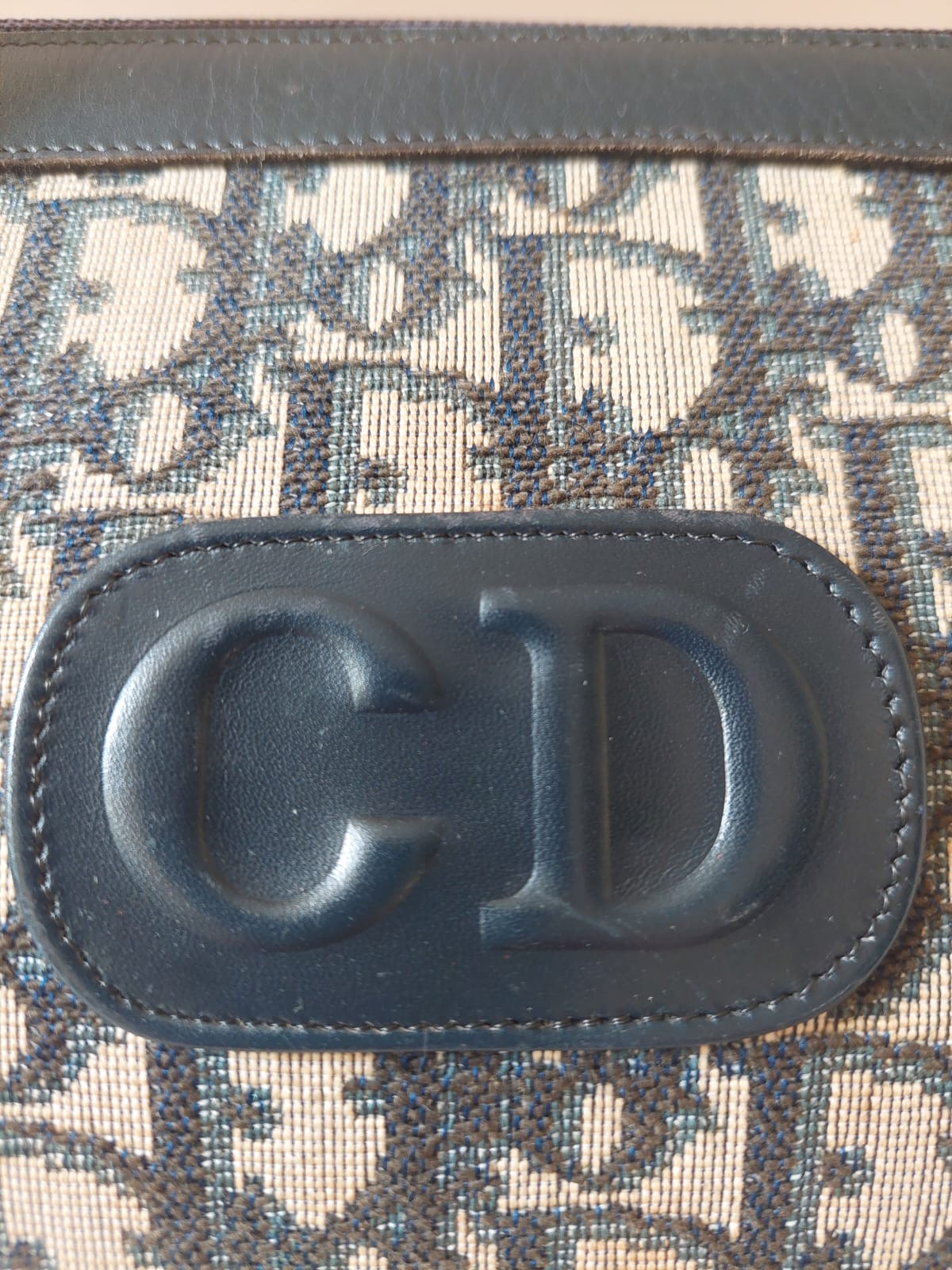 CHRISTIAN DIOR 稀有深藍色老花皮革波士頓圓桶包/側背包/斜背包