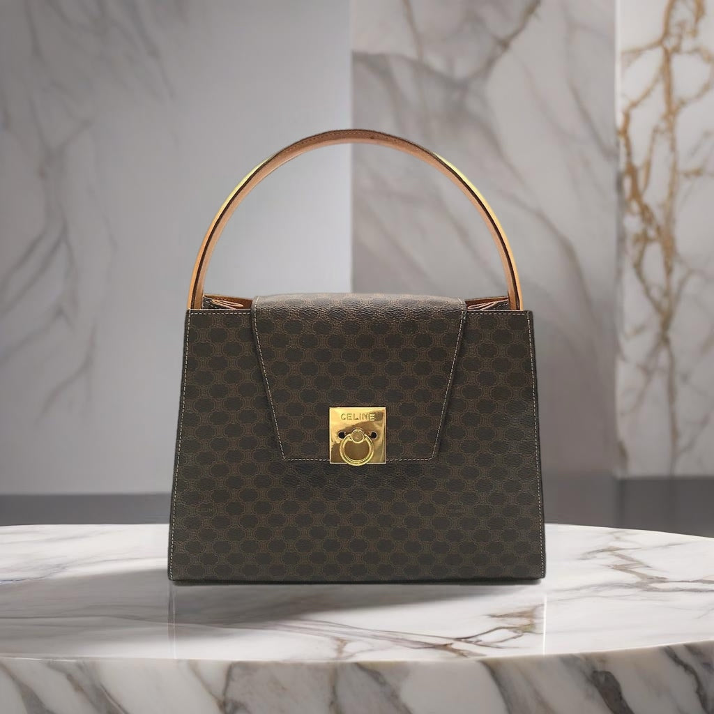 CELINE rare coffee color old flower gold buckle Kelly leather flap handbag