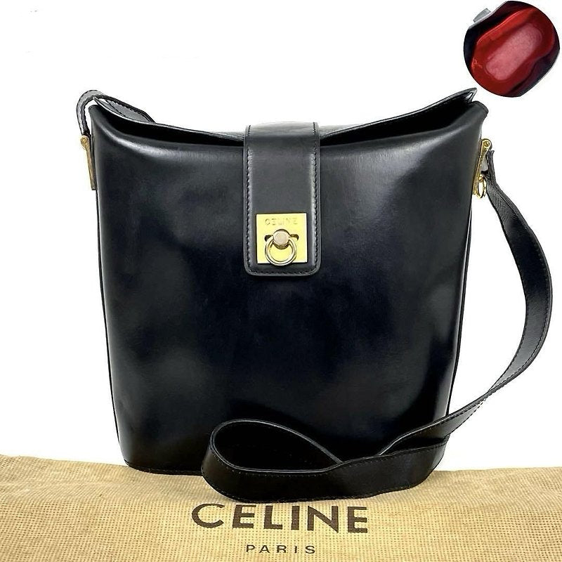 CELINE rare black small gold ring cowhide leather French fry small bag / side bag / oblique bag