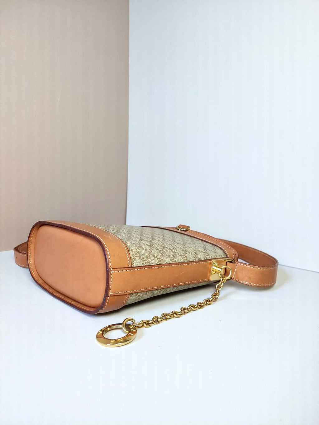 CELINE rare beige brown old flower golden ring potato chips small bag/side bag/oblique bag