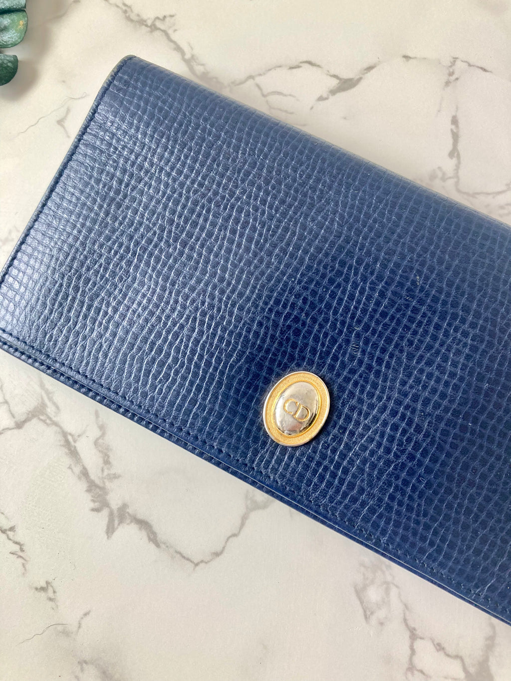 CHRISTIAN DIOR Navy Blue x Gold Egg Leather Long Bi-fold Wallet