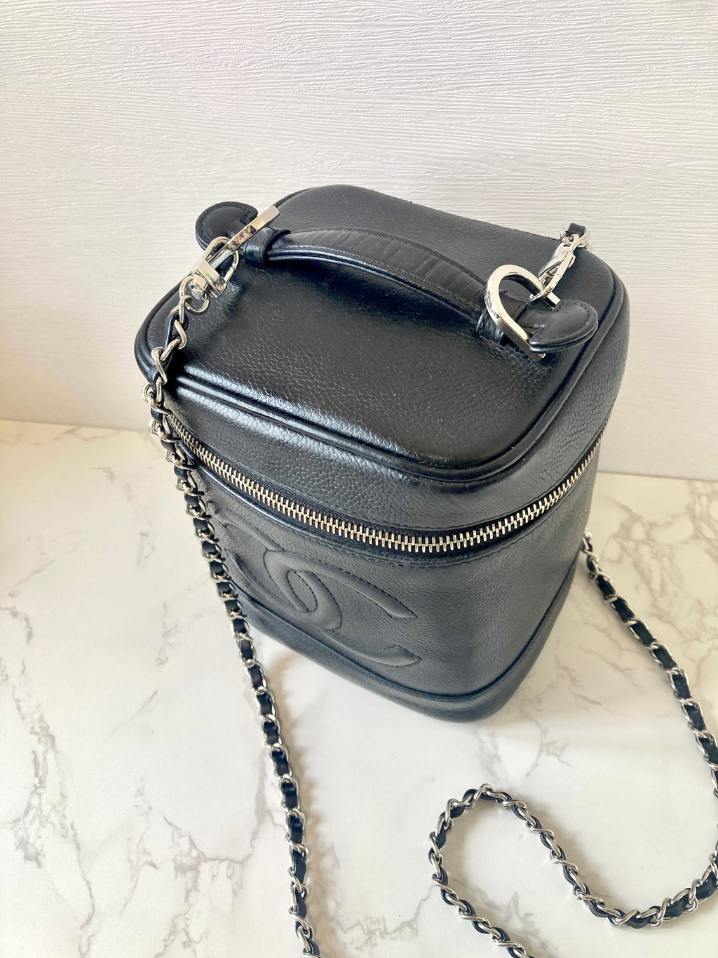 CHANEL Black Caviar Leather Vertical Vanity Case / Chain Crossbody Bag