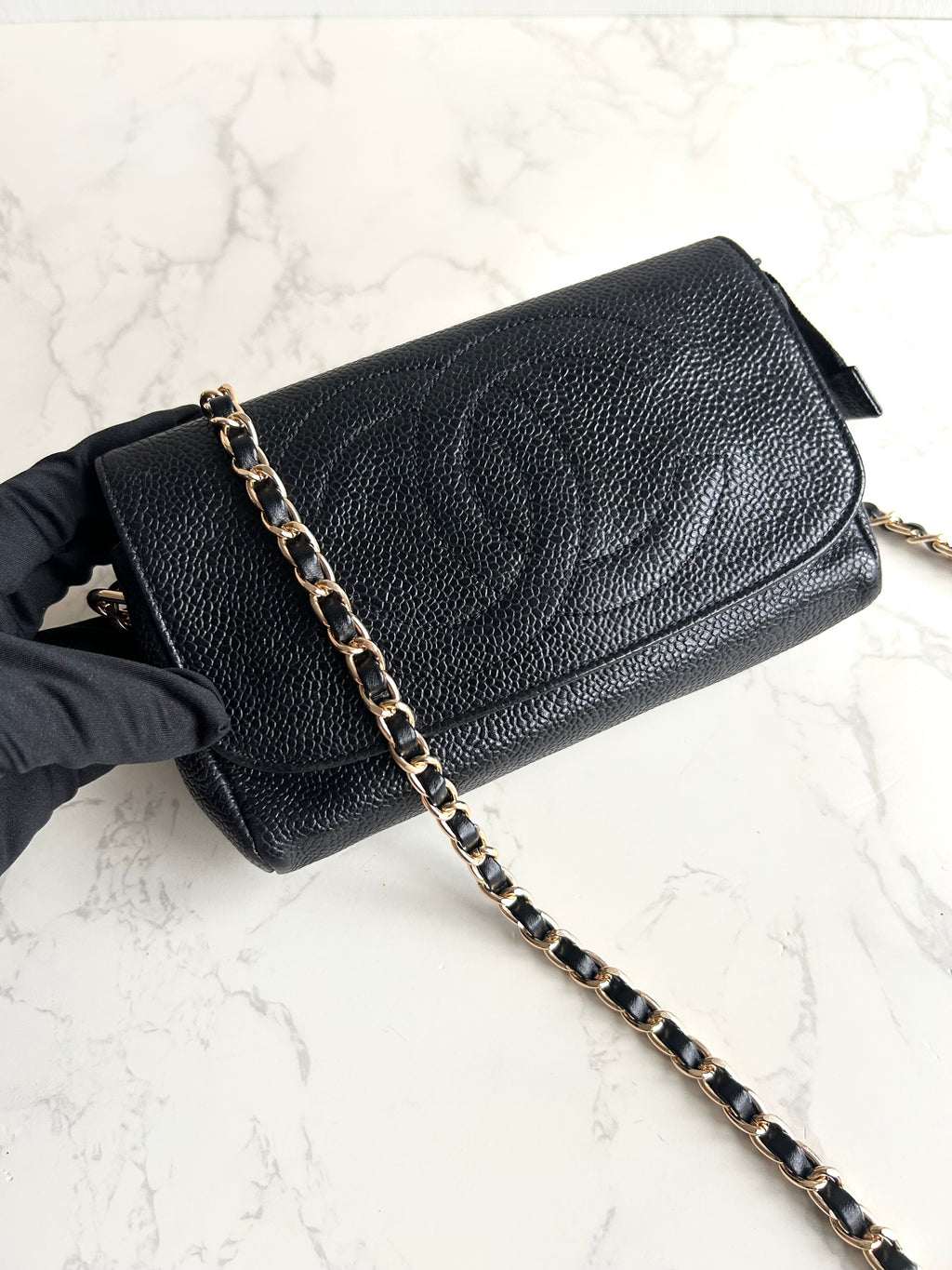 Chanel連鏡子黑金魚子醬皮革包 側背包 斜背包 中古包