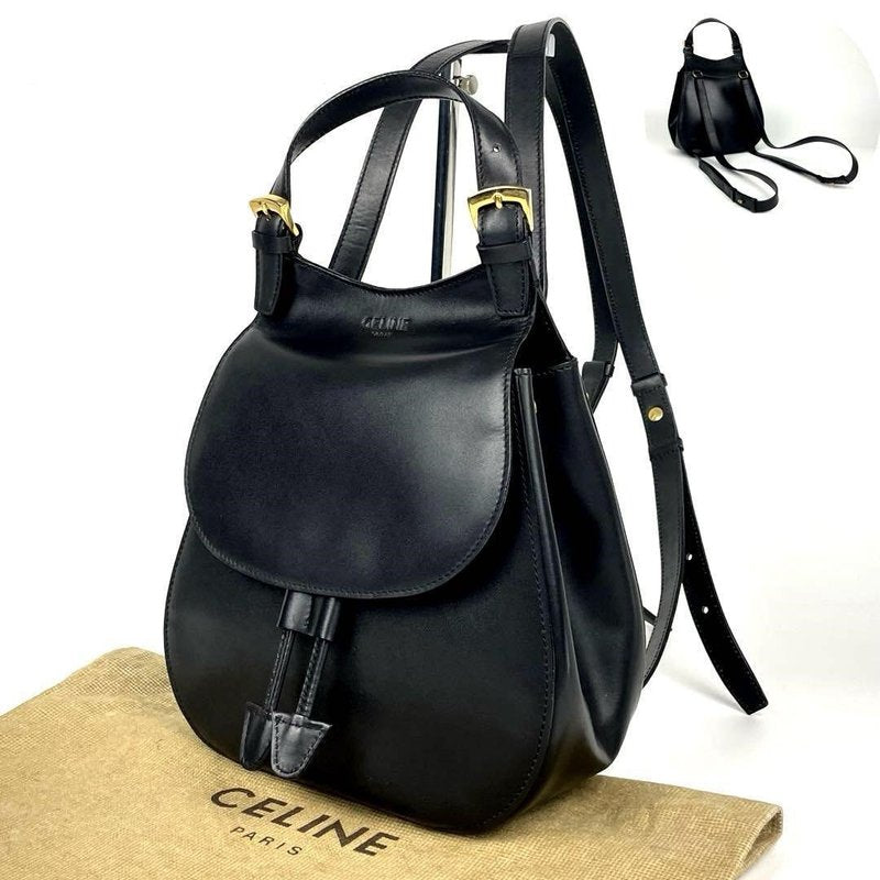 CELINE 稀有黑金色圓弧翻蓋皮革後背包