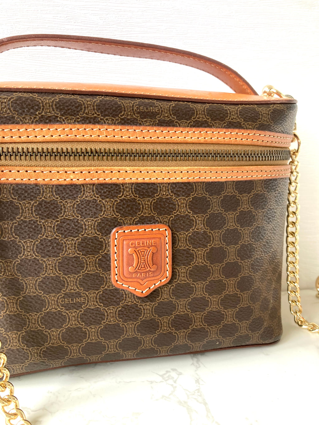 CELINE Brown Monogram Vanity Case / Crossbody Chain Bag