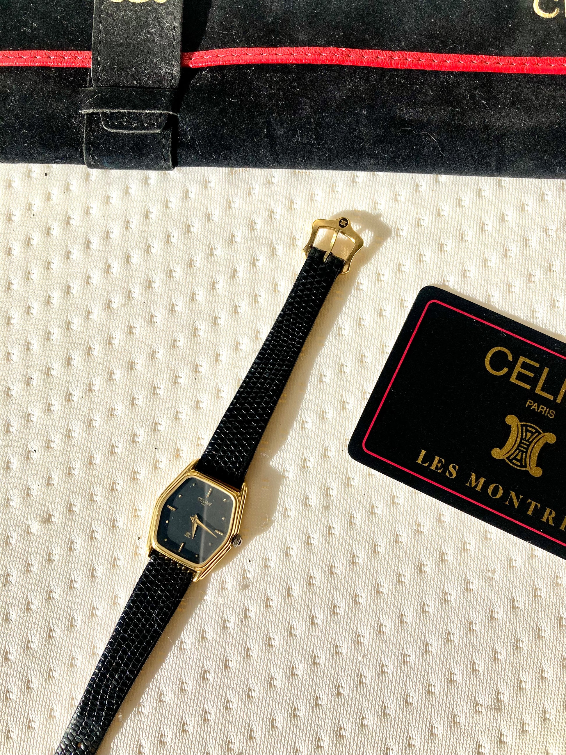 CELINE Black x Gold Hexagon Horse Carriage Watch