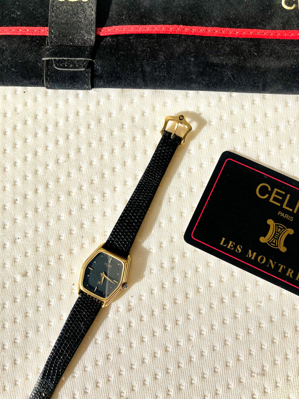 CELINE Black x Gold Hexagon Horse Carriage Watch