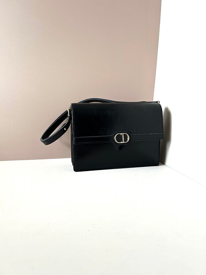 CHRISTIAN DIOR Rare black leather silver buckle flap side bag / short crossbody bag