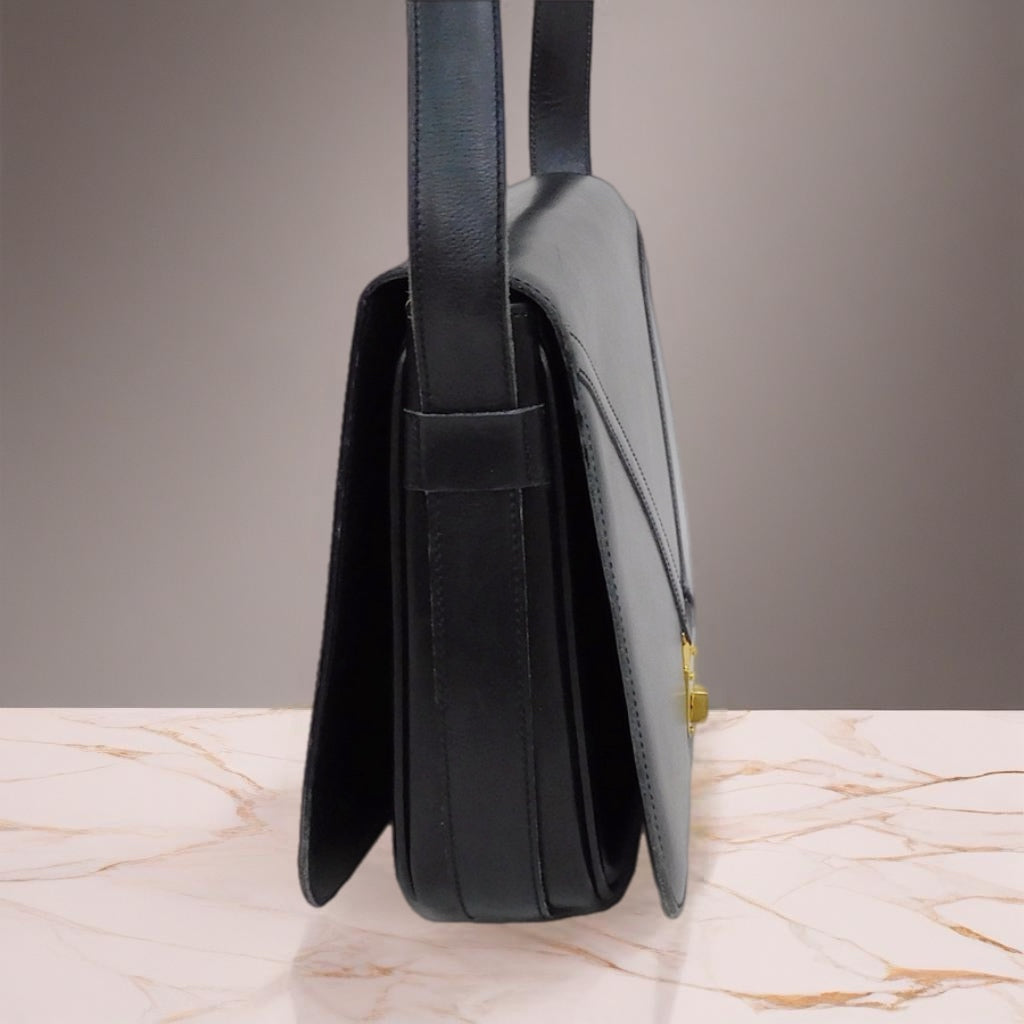 CELINE rare black small gold lock cowhide leather box small bag / side backpack / oblique backpack
