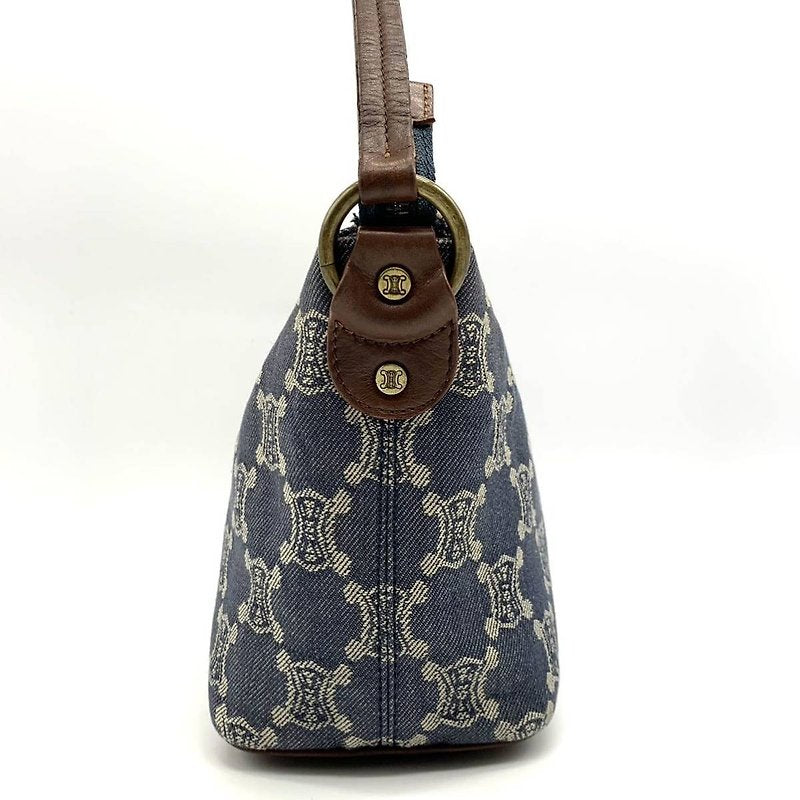 CELINE rare denim blue Arc de Triomphe old flower leather small bag / side backpack / underarm bag