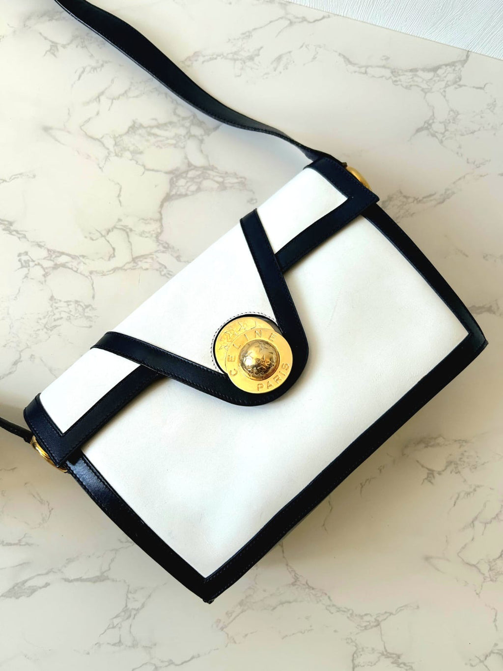 CELINE rare rotating planet blue black and white color side bag / oblique bag