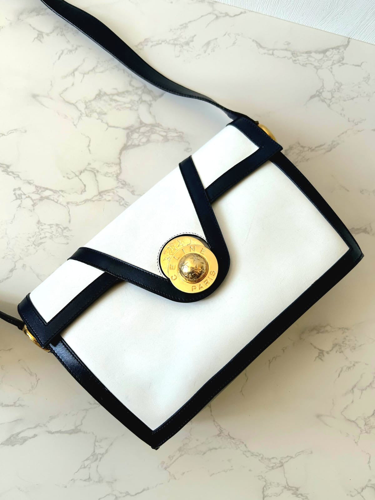 CELINE rare rotating planet blue black and white color side bag / oblique bag