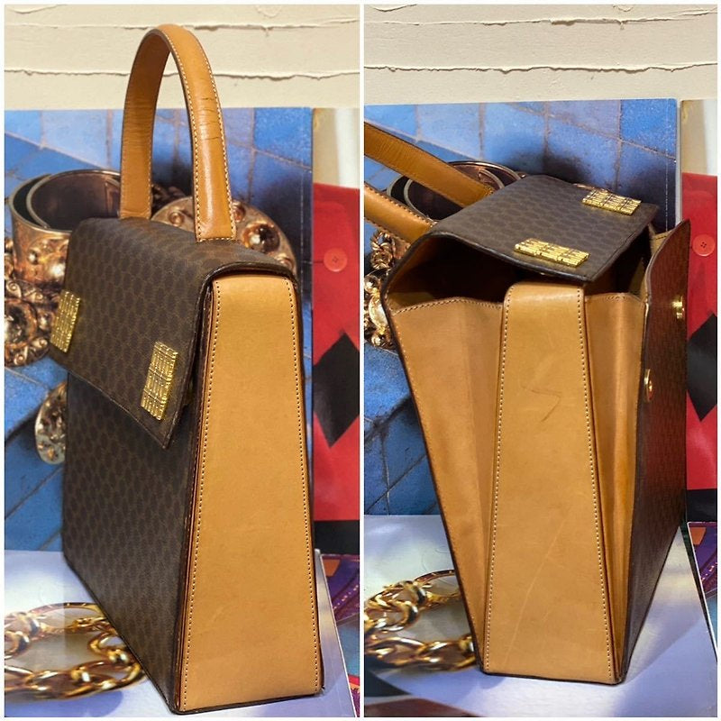 CELINE rare multi-Arc de Triomphe coffee color old flower gold buckle Kelly leather flap handbag
