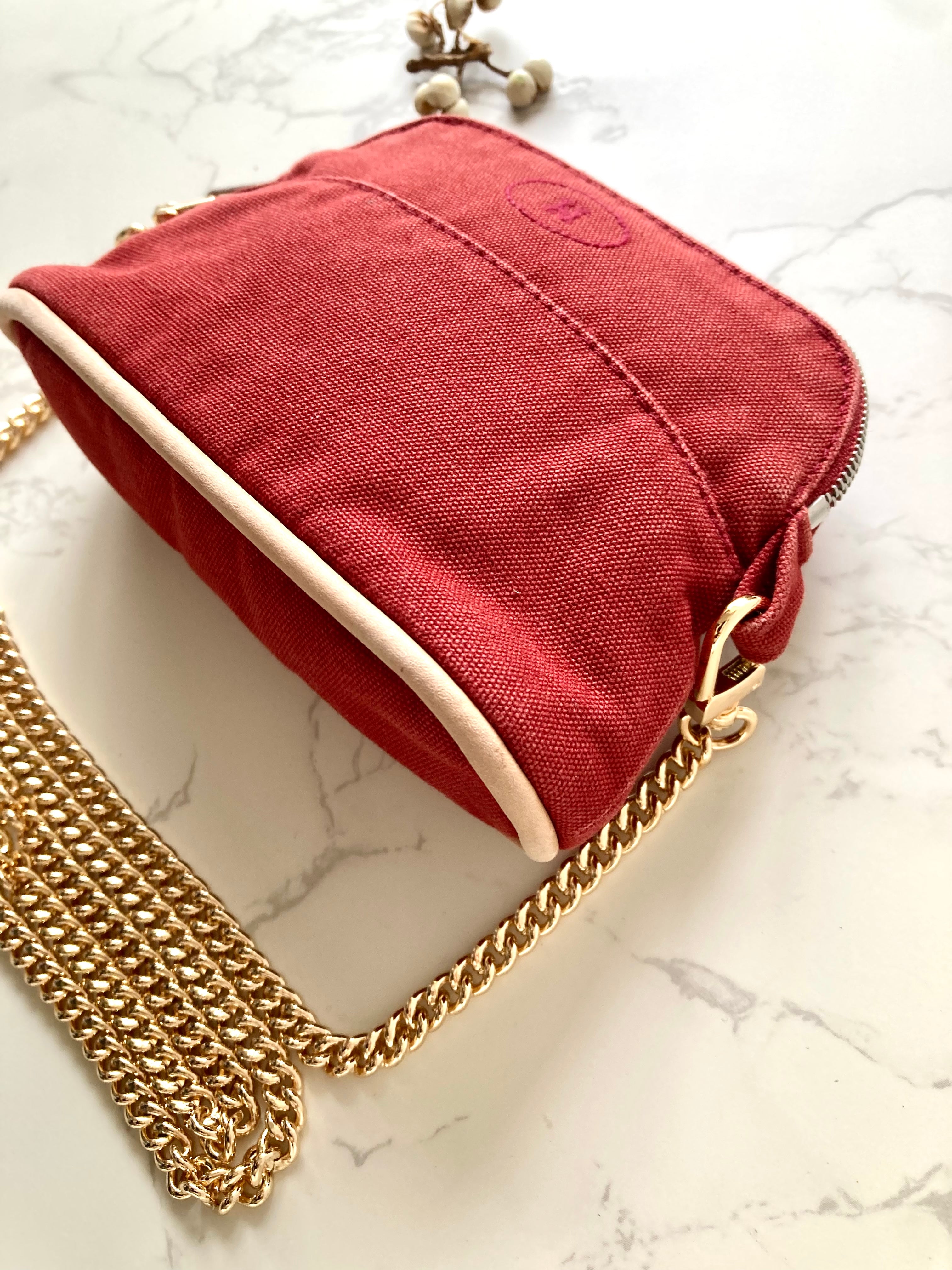 HERMES light red canvas leather with chain small bag/clutch bag/side bag/underarm bag