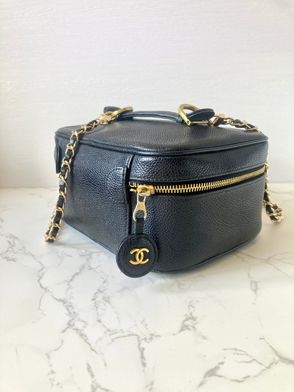 CHANEL Black Caviar Leather Vanity Case / Crossbody Chain Bag