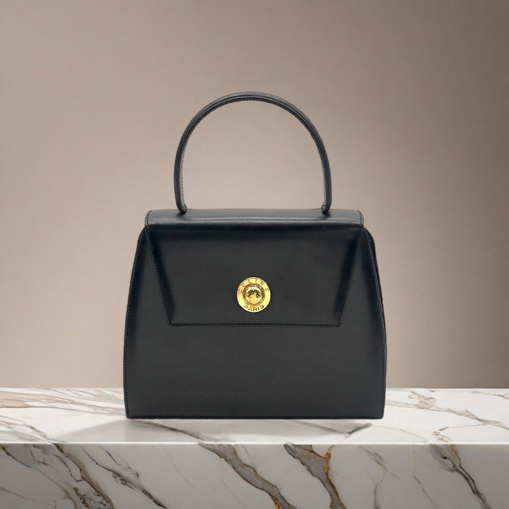 CELINE Rare Planet Black Gold Leather Kelly Handbag/Handbag