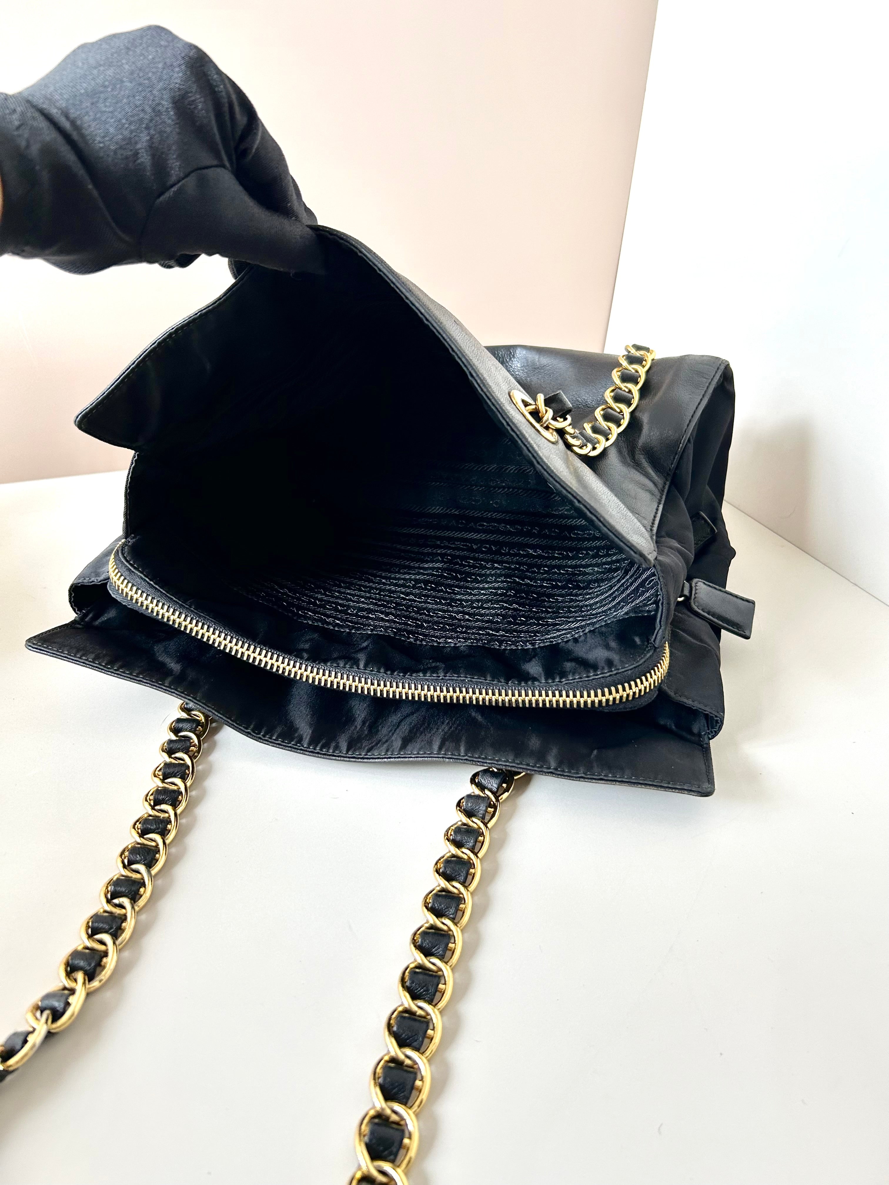 PRADA rare black engraved gold chain tote shoulder bag / side bag
