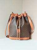 CELINE Brown Old Flower Leather Drawstring Bucket Side Backpack / Shoulder Bag