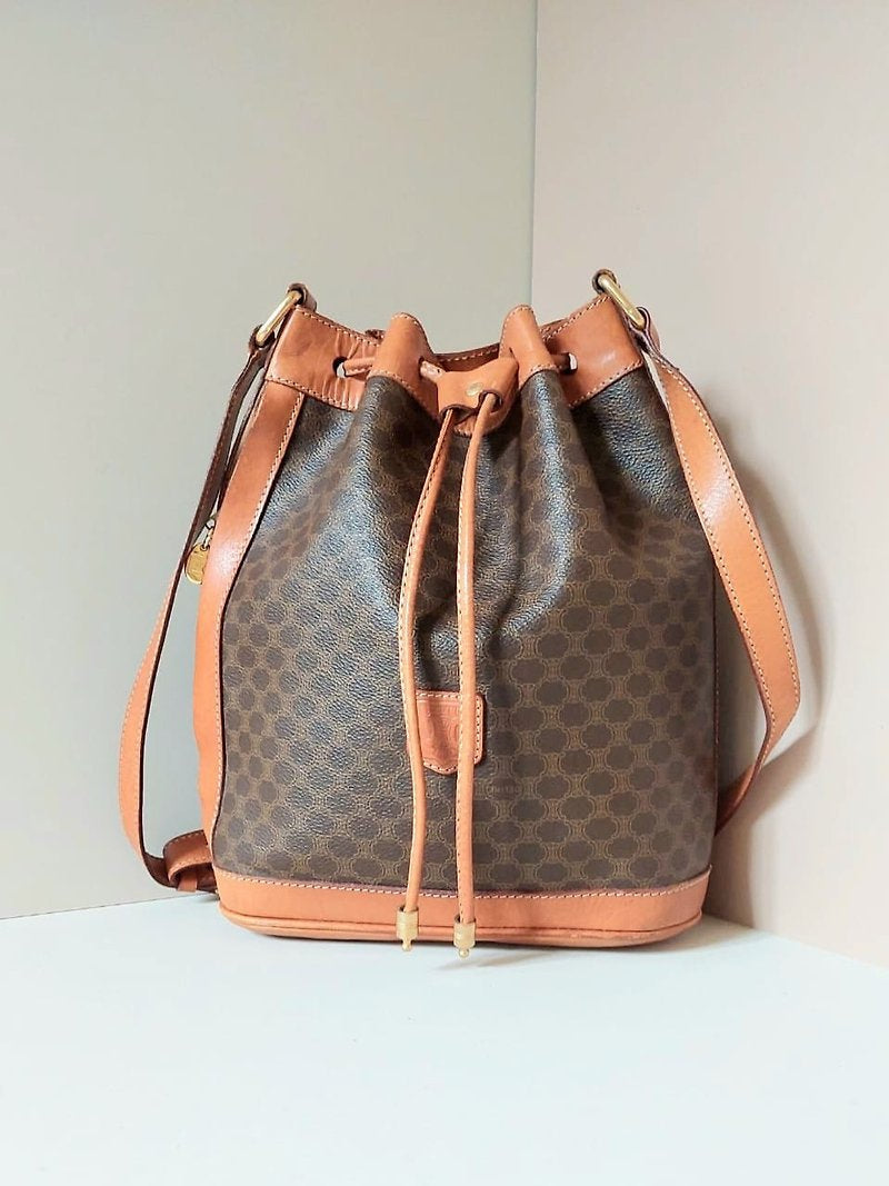 CELINE Brown Old Flower Leather Drawstring Bucket Side Backpack / Shoulder Bag