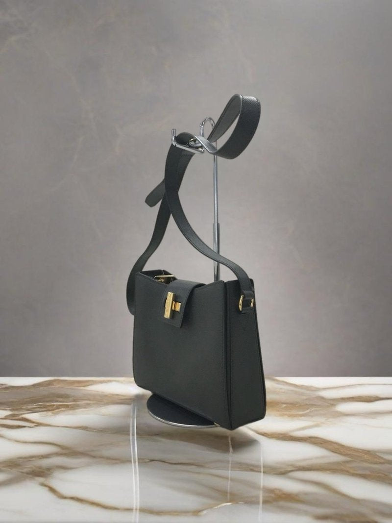 CELINE rare black cross rotating gold buckle leather small shoulder bag / side bag