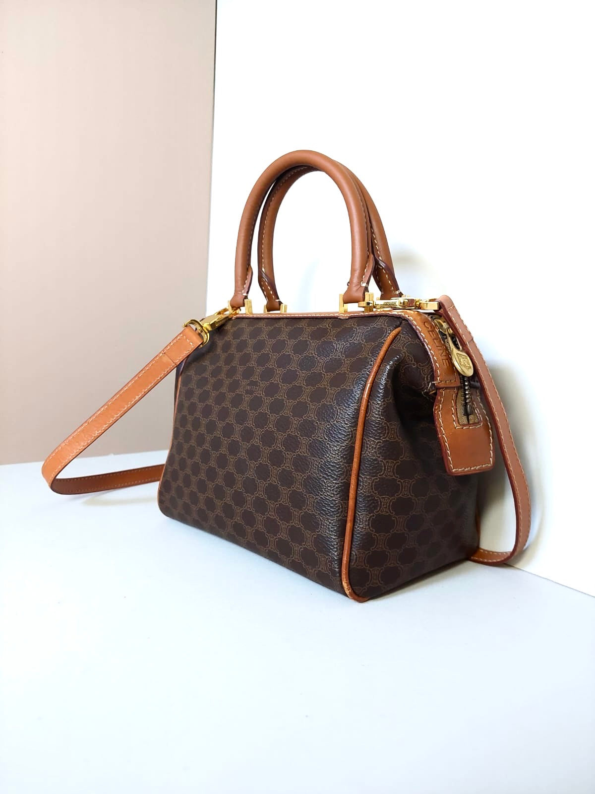 CELINE Brown Old Flower Leather Boston Bucket Bag/Side Bag/Handbag