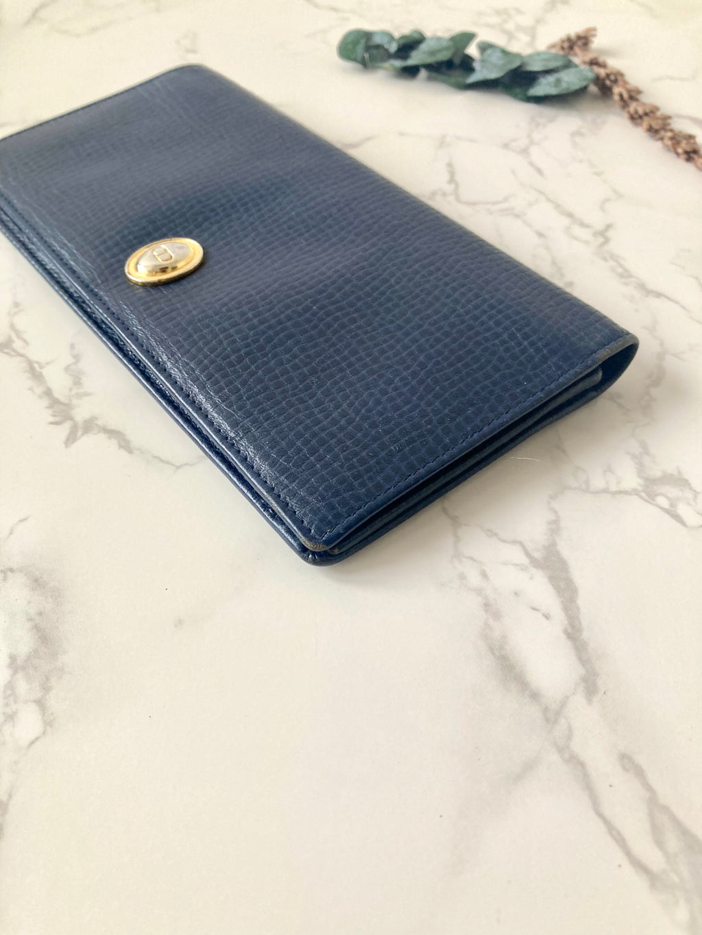 CHRISTIAN DIOR Navy Blue x Gold Egg Leather Long Bi-fold Wallet