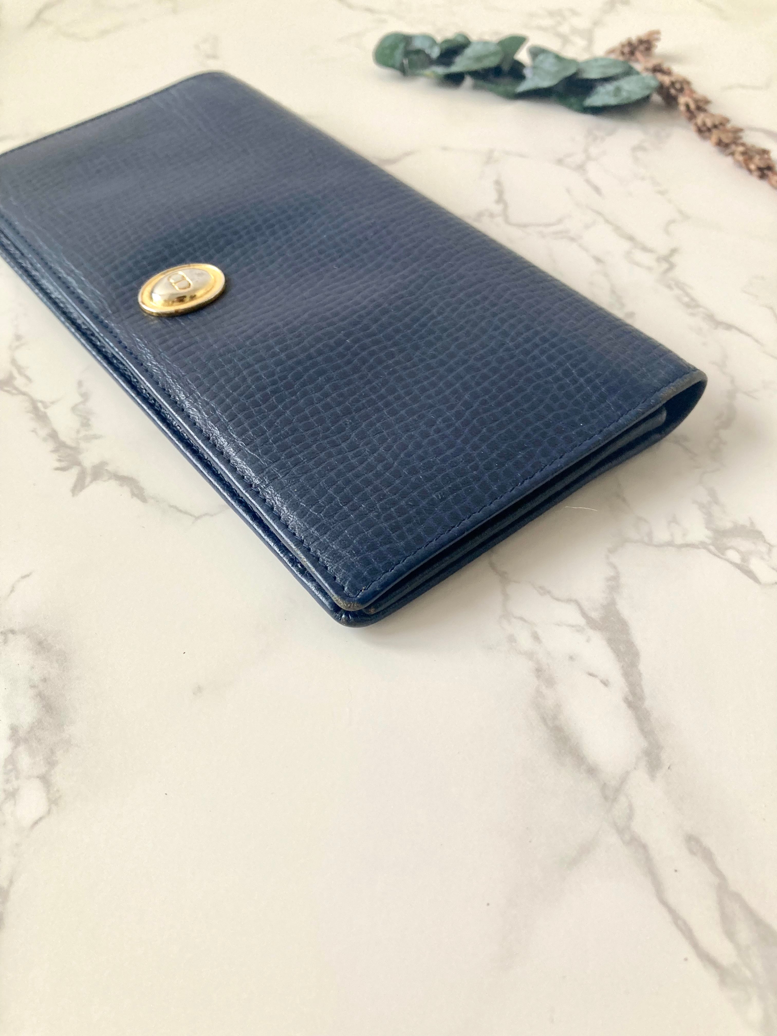 CHRISTIAN DIOR Navy Blue x Gold Egg Leather Long Bi-fold Wallet