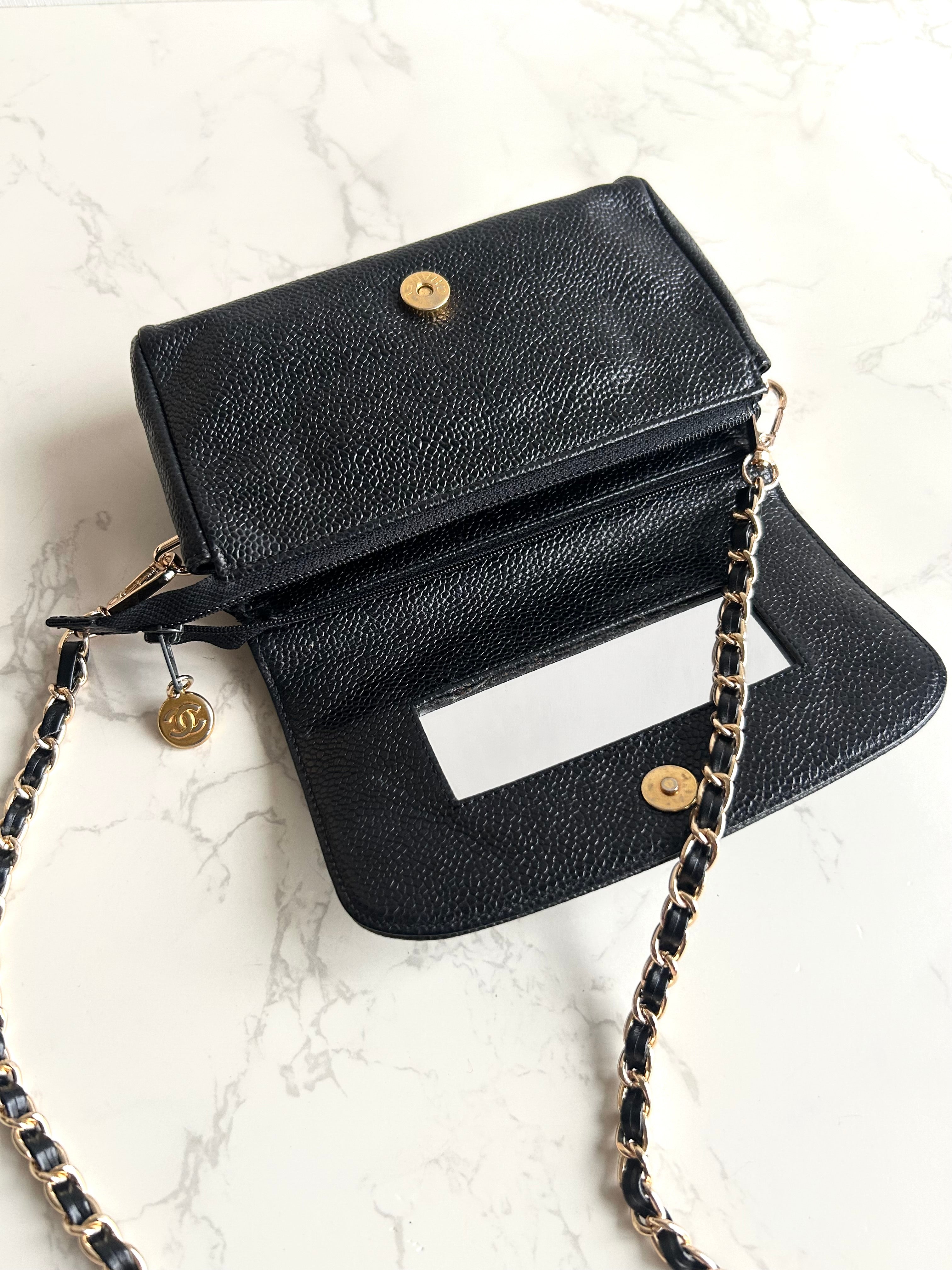 Chanel連鏡子黑金魚子醬皮革包 側背包 斜背包 中古包
