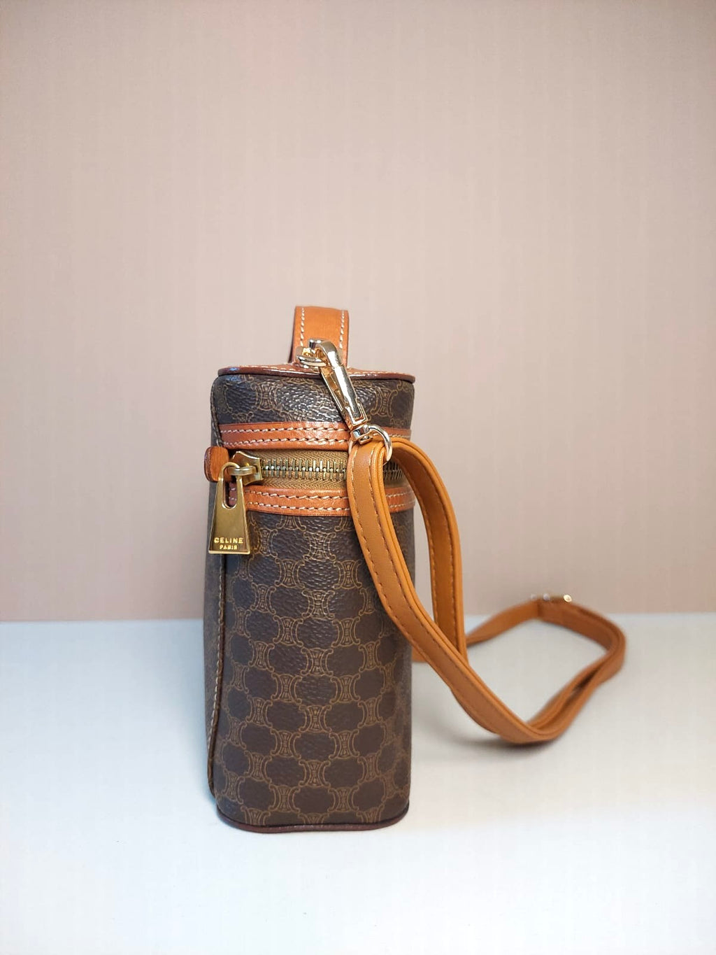 CELINE Brown Old Flower Leather Vanity Box Bag/Side Bag/Messenger Bag/Clutch Bag