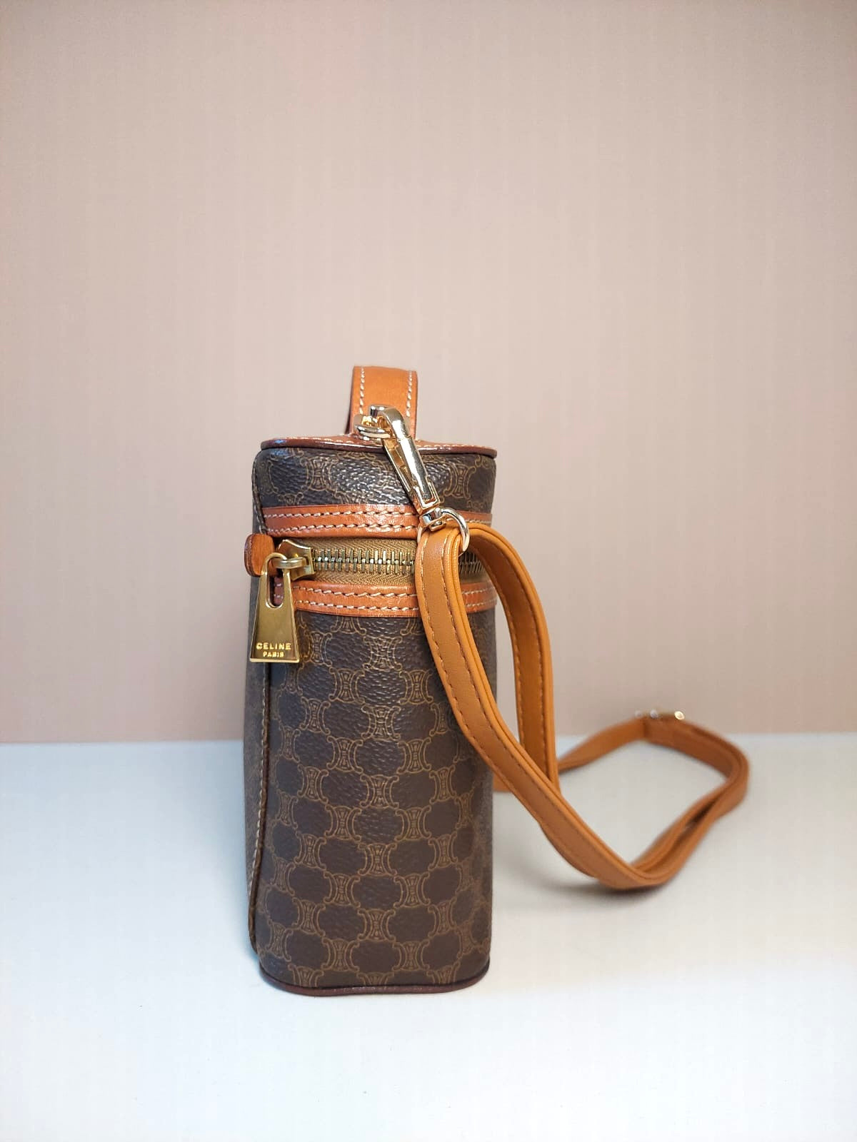 CELINE Brown Old Flower Leather Vanity Box Bag/Side Bag/Messenger Bag/Clutch Bag