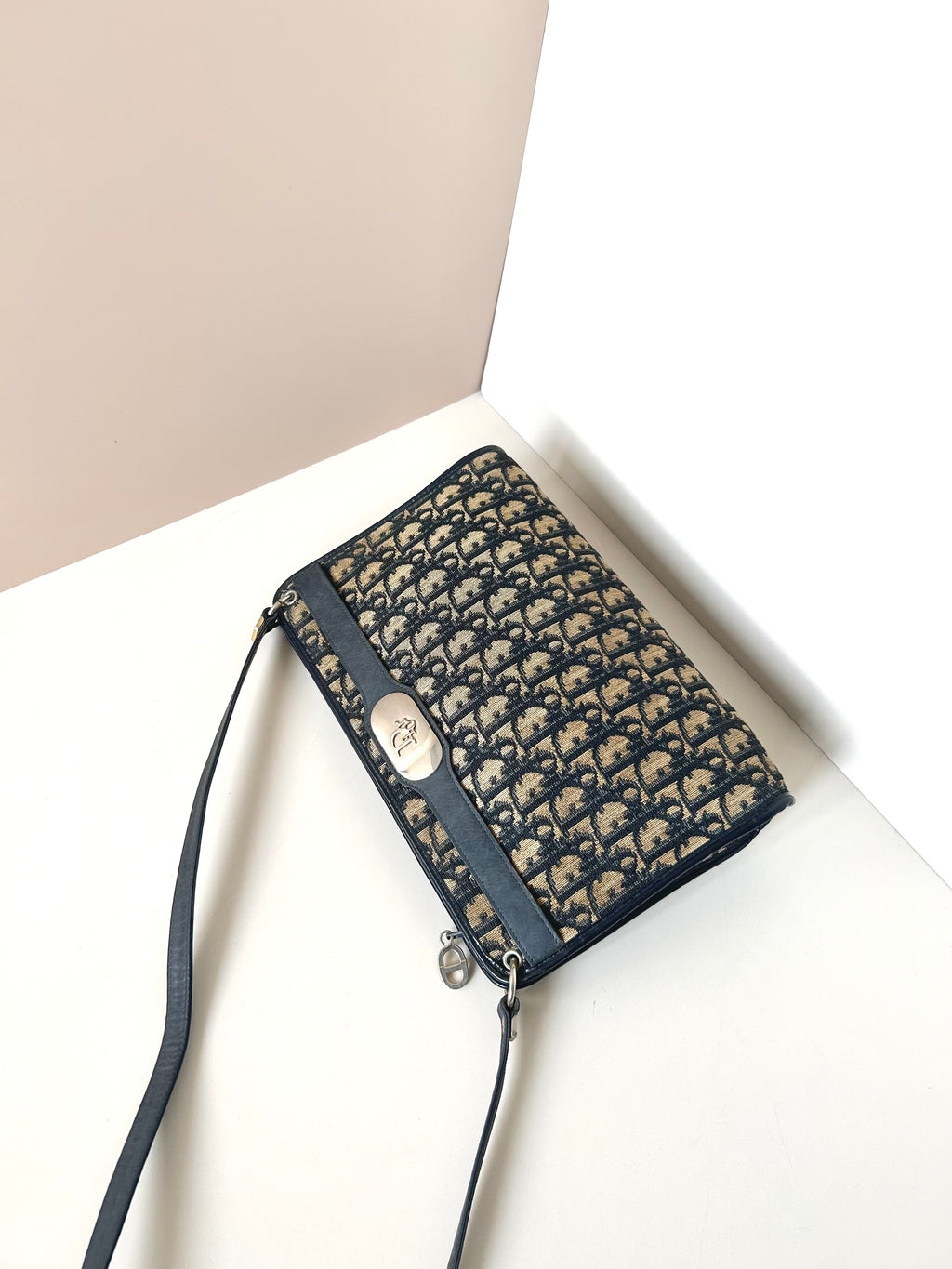 CHRISTIAN DIOR dark blue monogram shoulder bag/side bag/oblique bag
