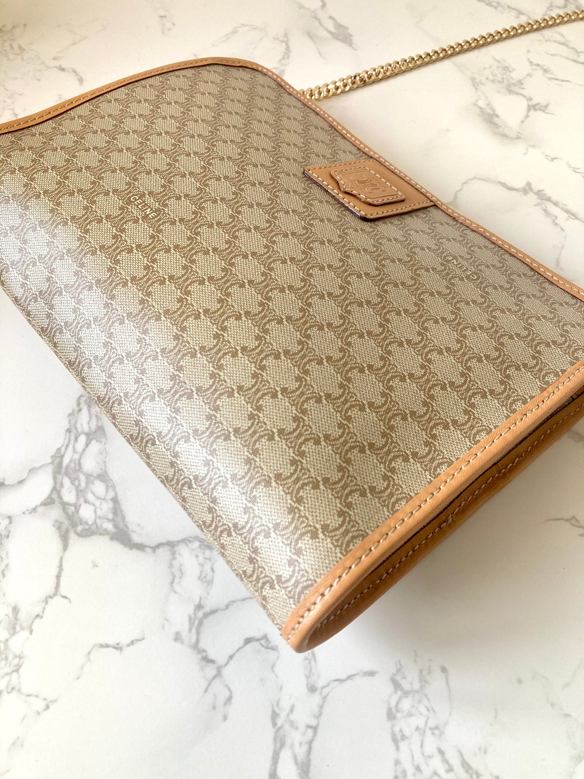 CELINE Beige Triomphe Monogram Chain Shoulder Bag