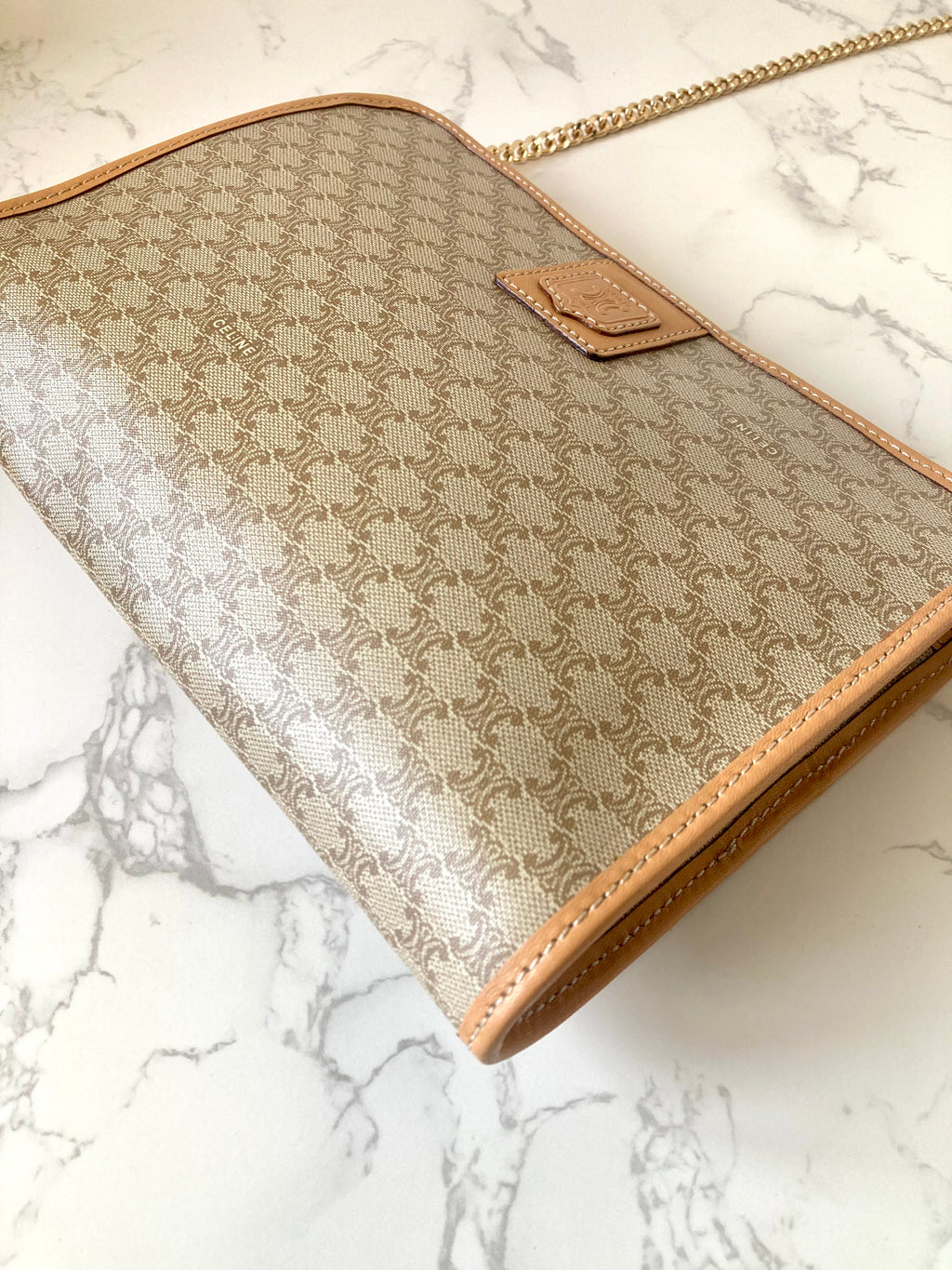 CELINE Beige Triomphe Monogram Chain Shoulder Bag