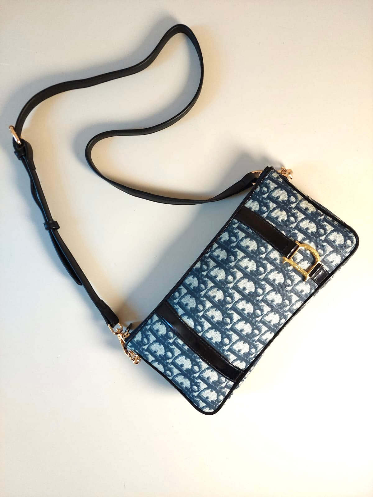 CHRISTIAN DIOR 稀有深藍白色老花單肩包/側背包/斜背包