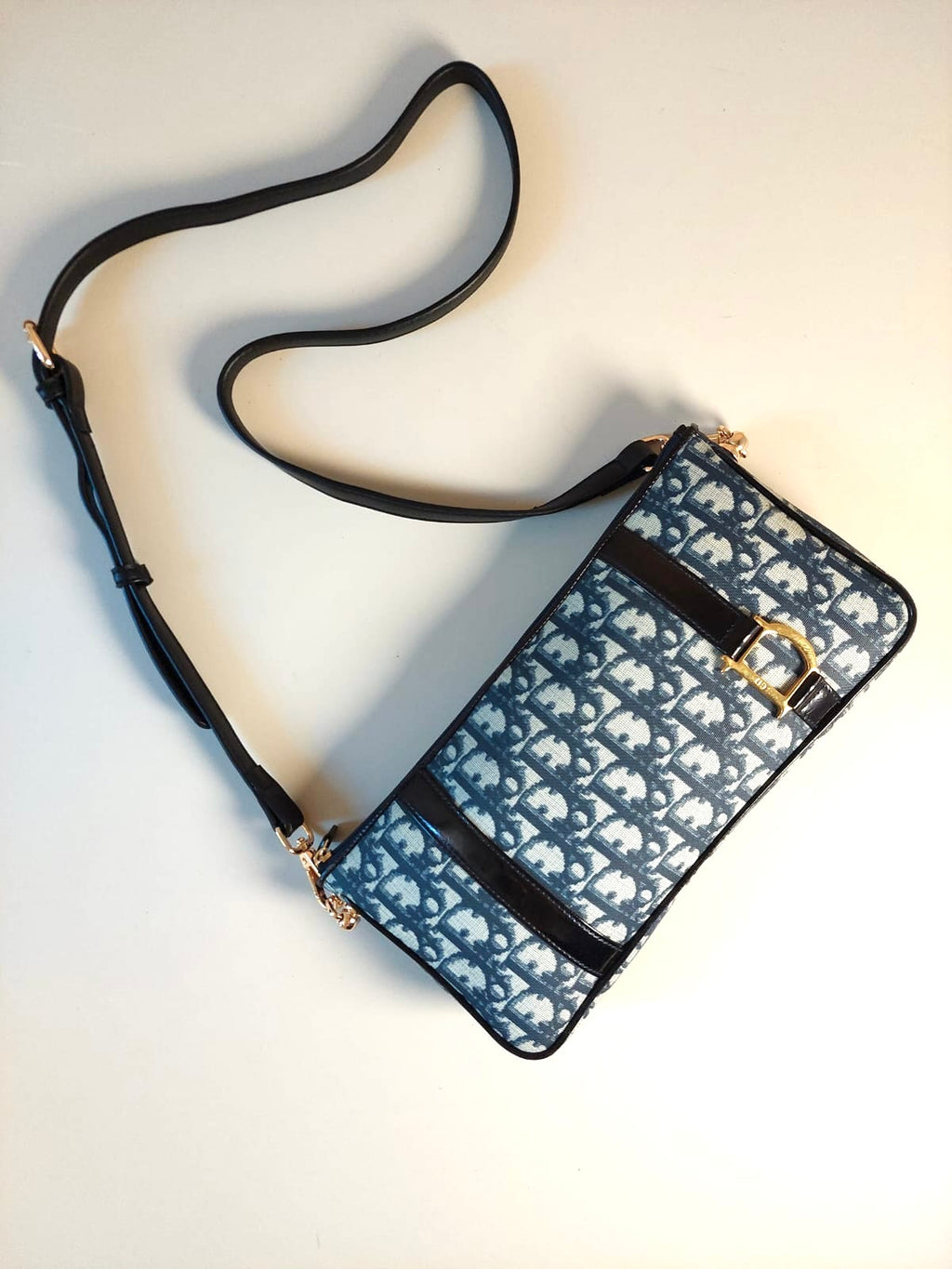 CHRISTIAN DIOR rare dark blue and white monogram shoulder bag / side bag / oblique bag