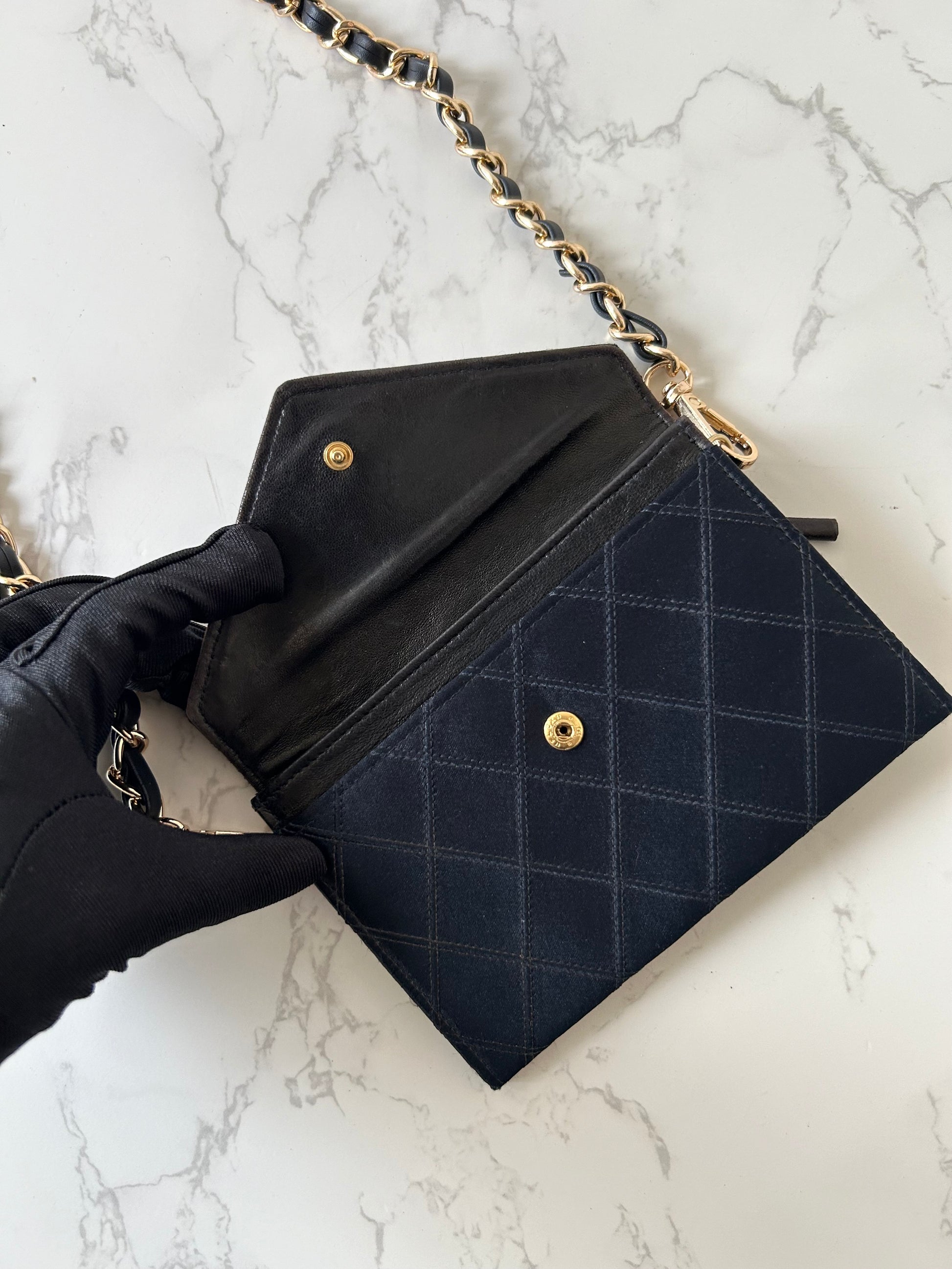 CHANEL Rare Black Satin Rhinestone Small Bag/Side Bag/Messenger Bag/Clutch Bag